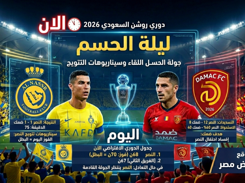 الان مباراة النصر وضمك في جولة الحسم بالدوري السعودي 2026.. تفاصيل اللقاء وسيناريوهات التتويج