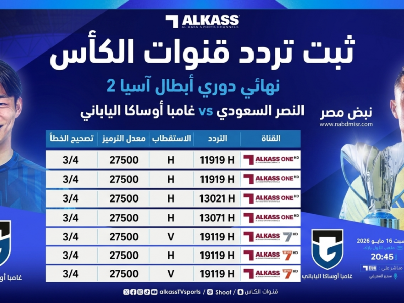 نزل تردد قنوات الكأس القطرية 2026 الناقلة لمباراة النصر وجامبا أوساكا الياباني في نهائي دوري أبطال آسيا 2 بجودة HD