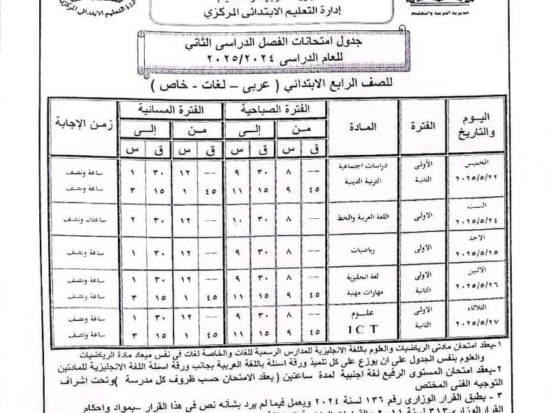 الآن جدول امتحانات الشهادة الاعدادية 2026 الترم الثاني في القاهرة والجيزة بعد اعتماده من الوزارة
